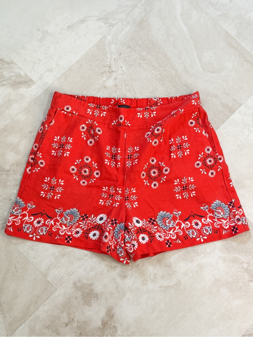 Ann Taylor Red Floral Border-Print Bermuda Shorts